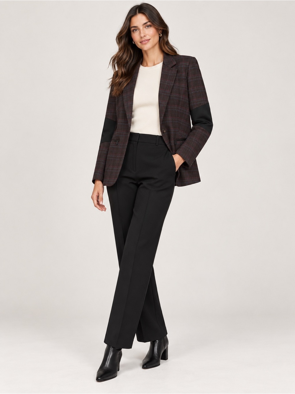 1. State Dark Brown Plaid Single-Button Blazer with Black Elbow Patches
